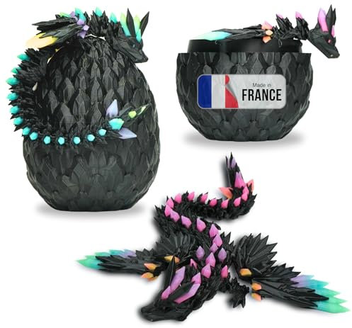 Beweglicher Geflügelter Drache und Sein Ei – 3D-gedruckte Dekoration – Fantastisches Universum Fidget Toy Geschenkidee Einzigartige Dekoration Kinder Flügel Figur (Schwarz + Rainbow Glow in The Dark)