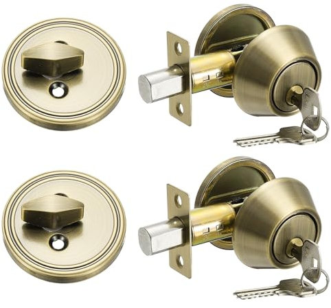 sourcing map Keyed Alike Single Cylinder Deadbolt Door Lock Round Entry Front Door Handle Set for Door Thickness 1.2-2 Inch (Bronze, Pack of 2)