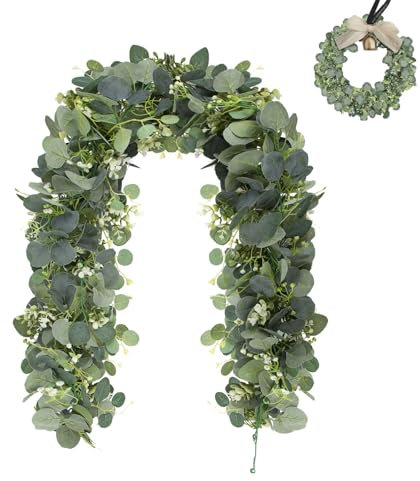 Guirnalda artificial de eucalipto, 1,8 m, decoración de eucalipto con hojas de sauce, guirnalda artificial, hojas verdes, guirnalda de flores blancas, para ramo de boda, flor, decoración del hogar