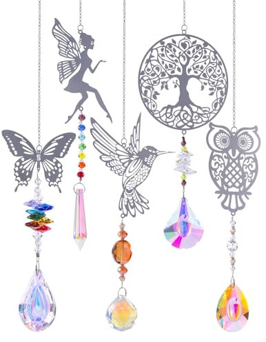 Huoflame Sonnenfänger Windspiel 5 Stück Set – Kristall Prisma Deko mit Kolibri, Fee, Schmetterling, Baum, Eule – Garten Deko Hängend Windspiele für Draußen Wetterfest – Geschenk für Frauen