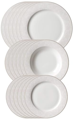 Ritzenhoff & Breker Isabella Teller-Set 18-teilig, Speiseteller (27 cm) Suppenteller (22 cm) und Frühstücksteller (21 cm) für 6 Personen, Forales Dekor, Spülmaschinengeeignet, Porzellan, Beige
