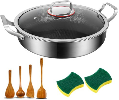 Sauteuse antiadhésive en acier inoxydable avec couvercle, poêle profonde et wok, hybride 7 plis pour un chauffage rapide et uniforme, compatible avec toutes les tables de cuisson