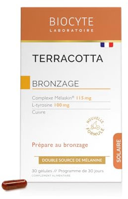 BIOCYTE Terracotta Bronzage - Complement Alimentaire Bronzage, Préparateur Solaire - Double Source de Melanine, L-Tyrosine, Cuivre - Programme de 30 jours
