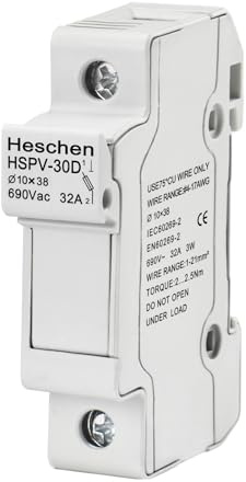 Heschen Porte-fusible cylindrique HSPV-30D 32A AC690V, montage sur rail DIN 1 pôle, pour fusible RT18 RO15 10 x 38 mm