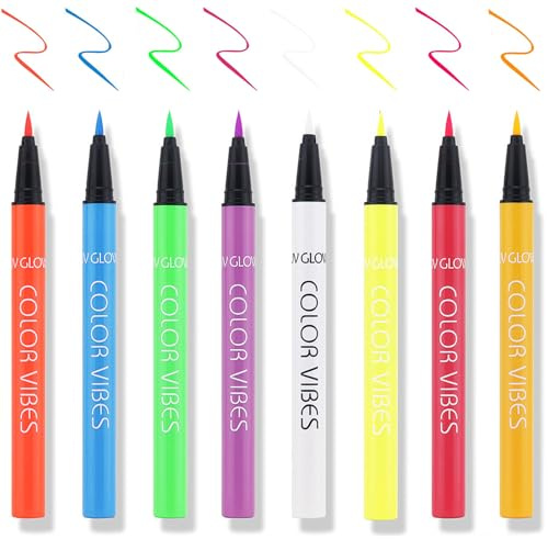 Ferizzia 8 Stück Neon Liquid Eyeliner Set, UV Glühender Eyeliner, Neon Schminke, Wasserfest, Fluoreszierende, Hohe Farbwiedergabe, für Halloween, Weihnachten, Karneval-Maskerade Party