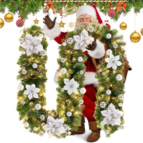 Fancysky Guirnaldas Navideñas con Luces LED, 1.8m, Corona Artificial, Decoración Navideña, Se Puede Utilizar en Escaleras, Armarios, Puertas de Entrada, Interiores y Exteriores (Plateado)