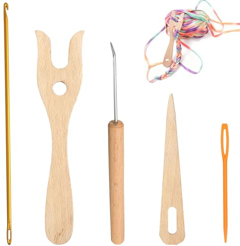 Tarqite 5 in 1 Strickgabel Set, Strickwerkzeuge Holz mit Strickhaken & Aluminium Häkelnadel & Plastik Nähnadeln, Strickgabel Für Kinder, DIY Webwerkzeug für Armbändern, Halsketten, Kreative Flecht