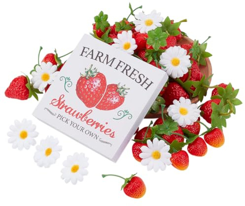 HOBBIESAY 90Pcs 3 Styles Artificial Strawberry Fake Strawberries Daisy Plants with 2Pcs Desktop Sign Simulated Strawberry Plant Table Centerpieces Decor for Spring Summer Tiered Tray Shelf Table Decor