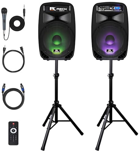 Proreck Dance 15 Portable 15-Inch 2000 Watt 2-Way Powered PA Speaker System Combo Set with Bluetooth/USB/SD Card Reader/FM Radio/Remote Control/LED Light