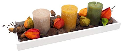 ZauberDeko Tablett Herbst Herbstdeko Tischdeko Deko Kerze Physalis Lampionblume Holz Natur Grün Braun Gelb