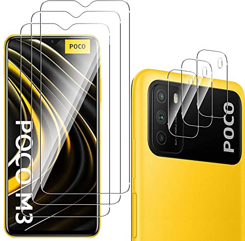 QULLOO Protector de Pantalla para Xiaomi Poco M3 [3 Piezas] + Protector de Lente de Cámara [3 Piezas], 9H HD Alta Sensibilidad Cristal Templado para Xiaomi Poco M3