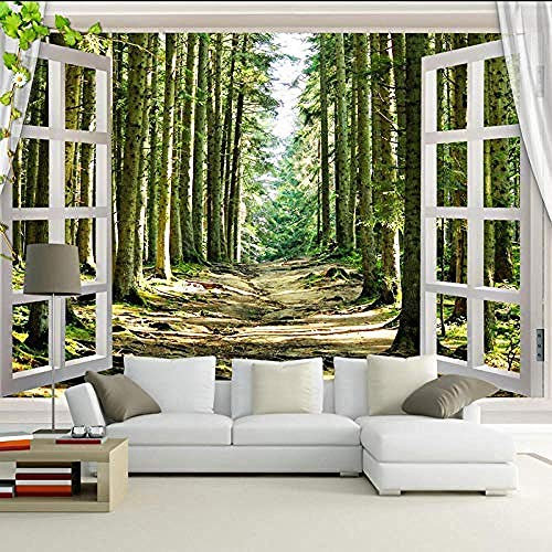 Carta da parati 3D Murales Finestra con vista sul bosco Poster Design gigante Immagini su tela Adesivo murale moderno Decora lo sfondo della TV p carta da parati fotomurali murale vintage-200cm×140cm