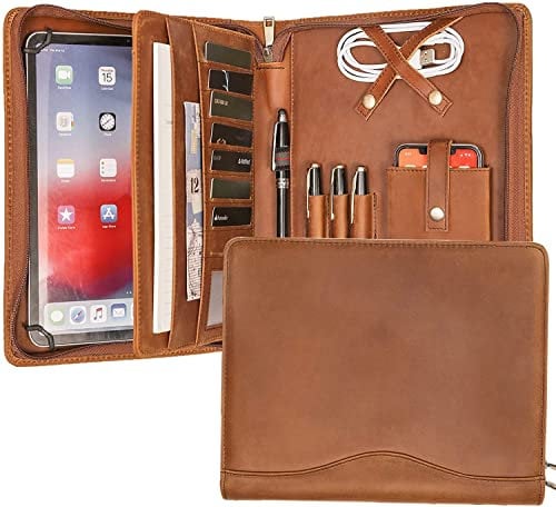 Calfinder Konferenzmappe A5, Schreibmappe, Leder mit a5 Klemmbrett/Reissverschluss, Echtleder Dokumentenmappe, Portfolio Folder Organizer Mappe, Tablet für iPad Pro 9.7/10.2/10.5/11 zoll, Braun