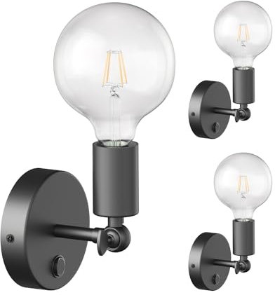 ledscom.de 3 Stück Vintage E27 Wand-Leuchte FETRO mit Schalter, schwarz, schwenkbar, inkl. E27 Lampe (warmweiß, 7,123W, 838lm)