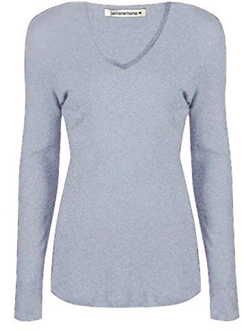 janisramone Womens Ladies V Neck Long Sleeve T-Shirt Stretchy Plain Jersey Slim Fit Casual Basic Tee Tops Grey
