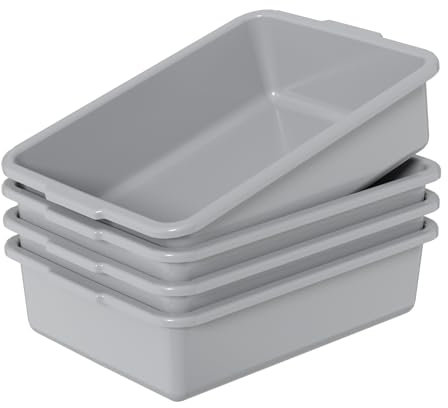 Sosody 8 Litre Plastic Rectangular Washing Up Bowl, Commercial Tote Bus Box, Grey, 4 Pack