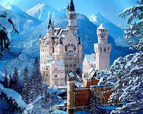 AMDPH Schloss Neuschwanstein im Winter 5D Diamantmalerei Kunstwerk rund Diamant Vollbohrdekoration und Geschenke Familienspiele voller Herausforderungen
