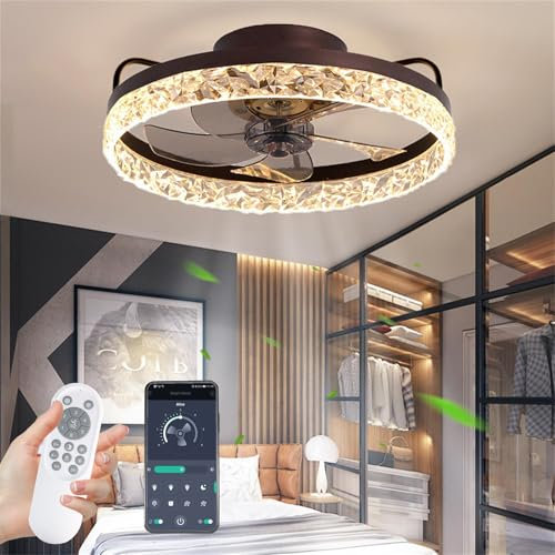 YAETIMIN 60W Ceiling Fan with Light Modern Ceiling Fan with Remote Control APP, Dimmable 3000-6500K 6-Wind Speeds Ceiling Fan Lamp for Bedroom Living Room (Ø50cm Coffee Gold)