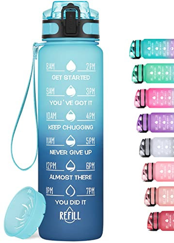 MEITAGIE 32oz Motivational Water Bottle with Time Marker & Fruit Strainer, Leak-proof BPA Free Non-Toxic 1l Bottle with Carrying Strap, Perfect for Fitness, Gym and Outdoor Sports (Ombre: Blue Waves)