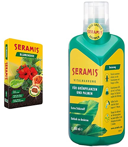 Seramis Torffreie Blumenerde, 40 l & 730413 Vitalnahrung für Grünpflanzen und Palmen, 500 ml – Pflanzendünger für optimales Wachstum, Flüssigdünger mit praktischer Dosierhilfe