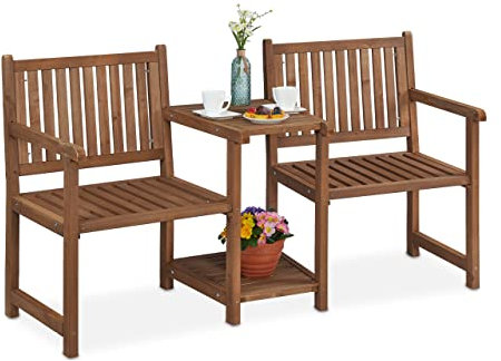 Relaxdays Panca da Giardino con Tavolino Integrato, 2 Posti, Legno Robusto, Panchina Esterno per Blacone, Marrone Scuro, 86 x 161 x 61 cm