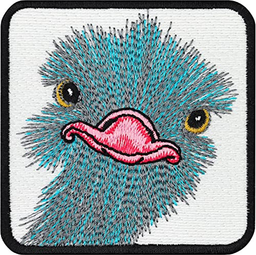 Vogel Strauß Aufkleber/Aufnäher gestickt | lustiges Strauß Gesicht Flicken für Jeans & Taschen | Vogel Strauß mit lustigen Blick | Rhea Emu Ostrich Patch sew-on/iron-on | 75x75mm