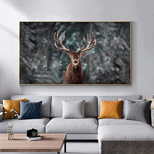 Leinwandbilder Hirsch im Winterwald Bilder,Tier Bild Wohnzimmer Wandkunst Poster, Schlafzimmer Wohnzimmer Wandbilder Malerei Dekoration Kein Rahmen (80X160CM)