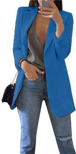 EFOFEI Femme Cardigan Blouson De Mode Chic Costume Simple De Couleur Pure Manteau Col Revers Business Combinaison De Travail Bleu Foncé S