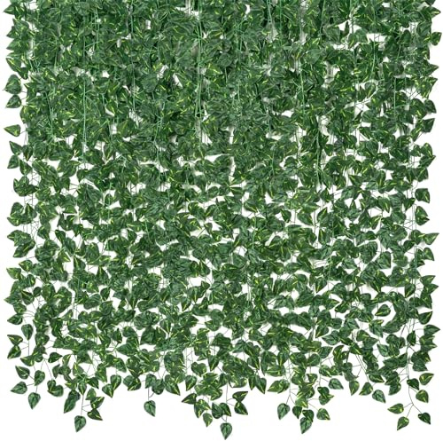 CQURE 14 Pack 98Ft Artificial Ivy Garland, Fake Vines UV Resistant Greenery Leaves Fake Plants Hanging Aesthetic Vines for Home Bedroom Party Garden Wall Room Decor