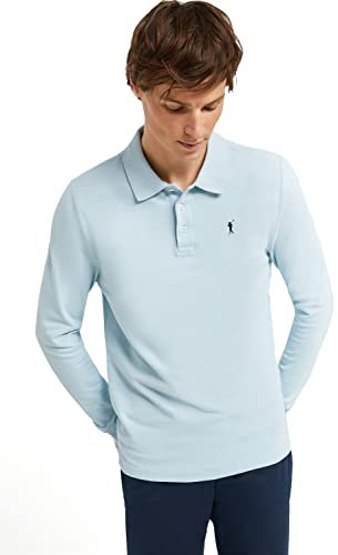 Polo Club Polo Elegante Uomo Manica Lunga Azzurro Cielo Ricamo con Logo - 100% Cotone -