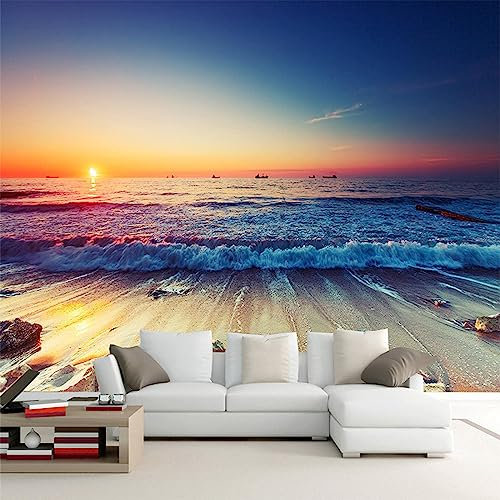 GIVLWF Papier Peint Panoramique de Plage Romantique En Bord De Mer, Paysage Au Coucher Du Soleil Poster Murale Intissé - pour Chambre Salon Décoration Murale - 300 x 210 cm