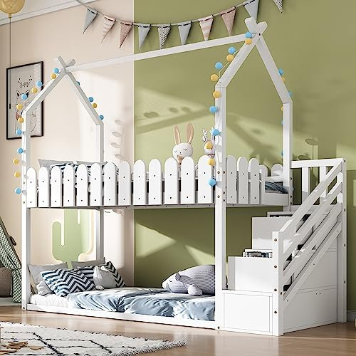 Etagenbett 90×200cm Mit 3 Treppe Und 2 Schubladen, Kiefernholz Hausbett Kinderbett Mit Rausfallschutz Zaun, Stockbett Hochbett Einzelbett Bodenbett Für Kinder, Jugendliche, Ohne Matratze (Weiß)