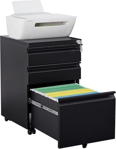 LVSTEEL Rollcontainer, komplett montierter Aktenschrank, rollbarer Aktenschrank mit Schloss, Untertisch-Aktenschrank aus Metall, Aktenschrank für Home Office, mobiler Druckerständer für A4/Aktenordner