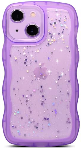 Qokey Custodia per iPhone 13 Mini da 5,4 pollici, design con bordo ondulato, trasparente, con glitter e stelle, protezione completa, in morbido TPU, antiurto, per donne e ragazze, viola