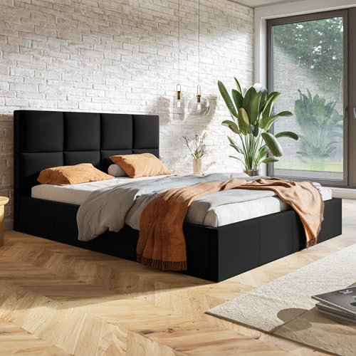 MOTIVENA Star Polsterbett 180x200 Schwarz mit Bettkasten, Stauraum, Lattenrost und Kopfteil - Samt - Ohne Matratze