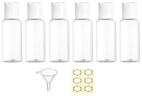 Apstaqeoo 6Pcs 50ML Travel Bottles for Toiletries TSA Approved Leakproof Plastic Empty Travel Size Container with White Disc Top Flip Cap with Label Funnel for Liquid Lotion Cosmetic(Transparent)