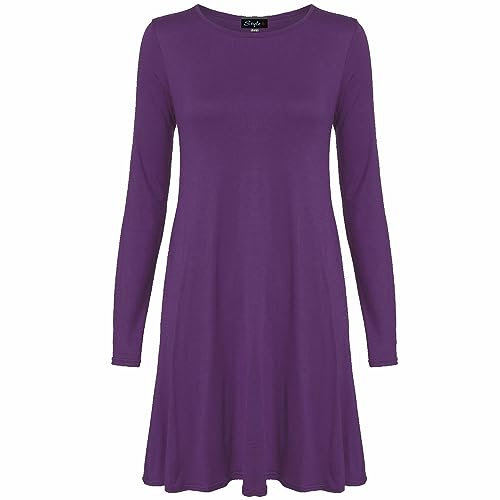 Shop Nova® Women Long Sleeves Round Neck Stretch Swing Skater Flared Dress Ladies Midi Length Top Plain & Printed Casual Summer Wear Dresses UK 8-26 (Purple, 16)