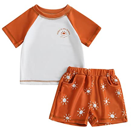 Maillot de Bain Bébé Garçon Anti UV T-Shirt Manches Courtes et Short de Bain Ensemble 2 Pièces Costume de Natation Piscine Plage (Brun, 9-12 Months)