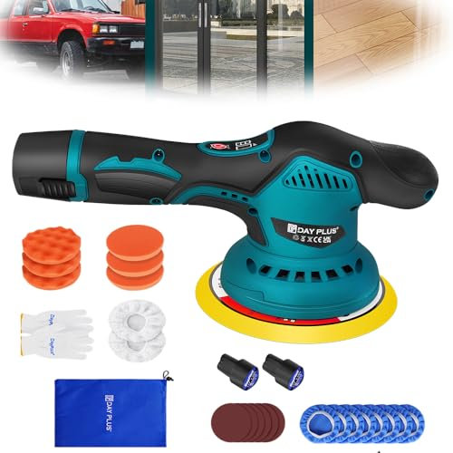 Akku Poliermaschine zum Polieren, Schleifen, Akku Wachsmaschine Auto Poliermaschine Set mit 8 Geschwindigkeit, Orbital Poliermaschine 12mm, Polierset mit 2x2000mAh Akkus