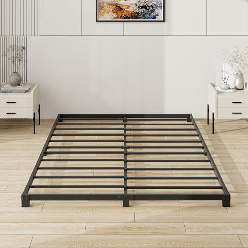 VERFARM 8cm Low King Size Bed frame, Metal Bed 150x200 cm, 5ft King Heavy Duty Metal Platform Bed Frame with Steel Slat Support, No Box Spring Needed, Easy Assembly, Noise Free, Black