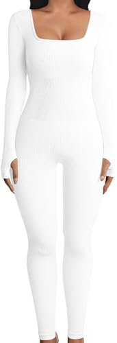 OYIGELZ Yoga Jumpsuit Damen Einteiligem Gerippte Strick Langarm Sport Workout jumpsuits Hosenanzug Trainingsanzug Eckigem Ausschnitt Figurbetontem Kuscheliger Overall(Weiß-J,S)