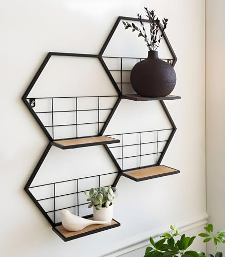 Dekoleidenschaft Wandregal Hexagon aus Metall, schwarz, 4 klappbare Böden aus MDF, furniert, Wanddeko, Wandschmuck, Hängeregal