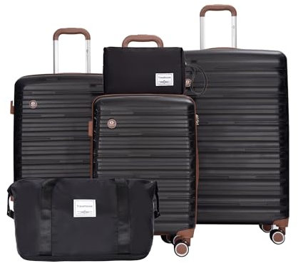 Travelhouse 5-teiliges Gepäck-Set mit Spinnrädern, Hartschalen-PP-Koffer-Set mit TSA-Schloss, leichte Hartschalen-Reisekoffer mit wasserdichter Seesack für Männer und Frauen, Schwarz