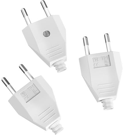 Eurostecker flach 3er Pack, Schuko Power Stecker 2 polig (250V, 2,5A), Flachstecker, Schuko Stecker flach, Eurostecker Flach, Eurokupplung, Euro Stromstecker zum Ersatz, weiß