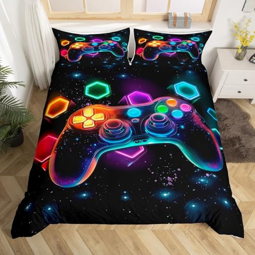 Homewish Boys Kids Gaming King Size Duvet Cover Sets 3 Pieces, Black Reversible Bedding Set for Teens Girls, Neon Rainbow Gamepad Quilt Cover, Dreamy Galaxy Honeycombs Print Bed Set, Microfibre