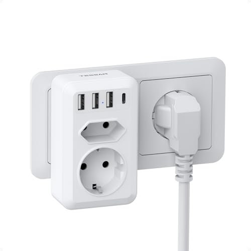 TESSAN Doppelstecker für Steckdose, Mehrfachsteckdose mit 4 USB, Steckdosenadapter 2Fach mit Schalter 4000W, Mehrfachstecker für Steckdose, USB Steckdosenverteiler Kompatibel mit Büro, Weiß