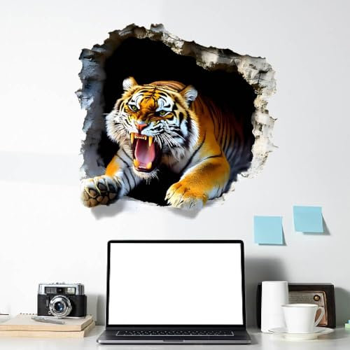 SUPERDANT 3D Tiger Wandaufkleber Wildtier Wandsticker Die Wände Durchbrechen Kunst Wandtattoo Wandbilder Selbstklebender Vinyl Wandsticker Für Kinderzimmer Spielzimmer Schlafzimmer Wohnzimmer 70x30cm