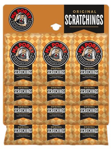 Mr Porky Original Scratchings Gold Pubcard 12 x 25g – Traditional Pork Scratchings, High Protein, Low Carb, British Pub Snack Display