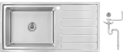 Preer-100x50x21,R20 Évier de cuisine en acier inoxydable 304, épaisseur 0,8 mm, XXL Bac 50x40 cm, 1 bac, carré, évier, égouttoir à droite