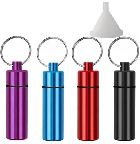 TenhCreek 4pcs Bottle with Spoon kit, Metal Vial Spice Powder Tool with Keychain,Retractable Spoon Dispenser Plus Small Funnel, Portable Storage Bottle for Outdoor Travel Kit